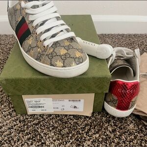 Gucci Beige GG Supreme Sneaker with Red Metallic Heel and Red/Green Web